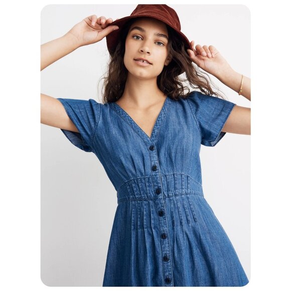 Madewell Denim Pleat-Waist Button Front Short Sleeve Midi Dress sz 8 - Picture 2 of 8